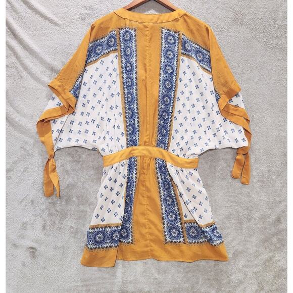 Free People Blue Tan V Neck Floral Santa Cruz Kimono Mini Dress Size Small Boho - Picture 6 of 12
